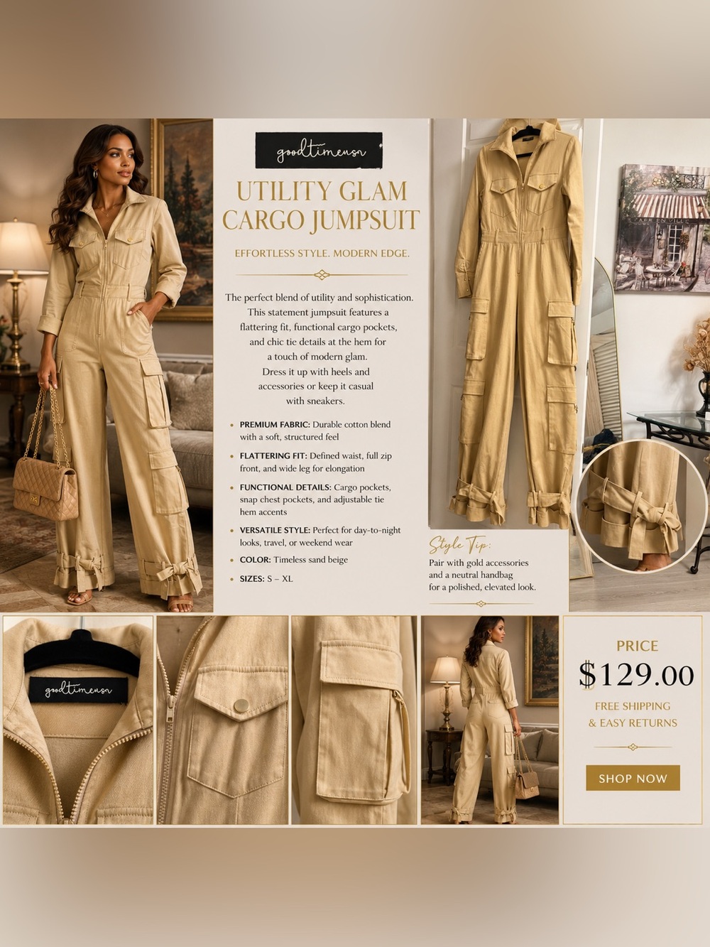 Goodtimeen Utility Glam Cargo Jumpsuit in Sand Beige